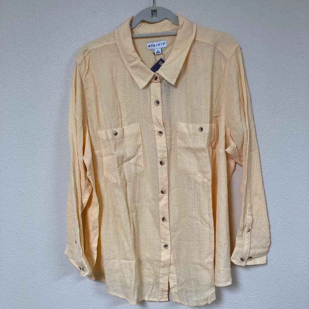 Ava & Viv Women's Yellow Blouse No-Gap Button Front Shirt Long Sleeve Top
